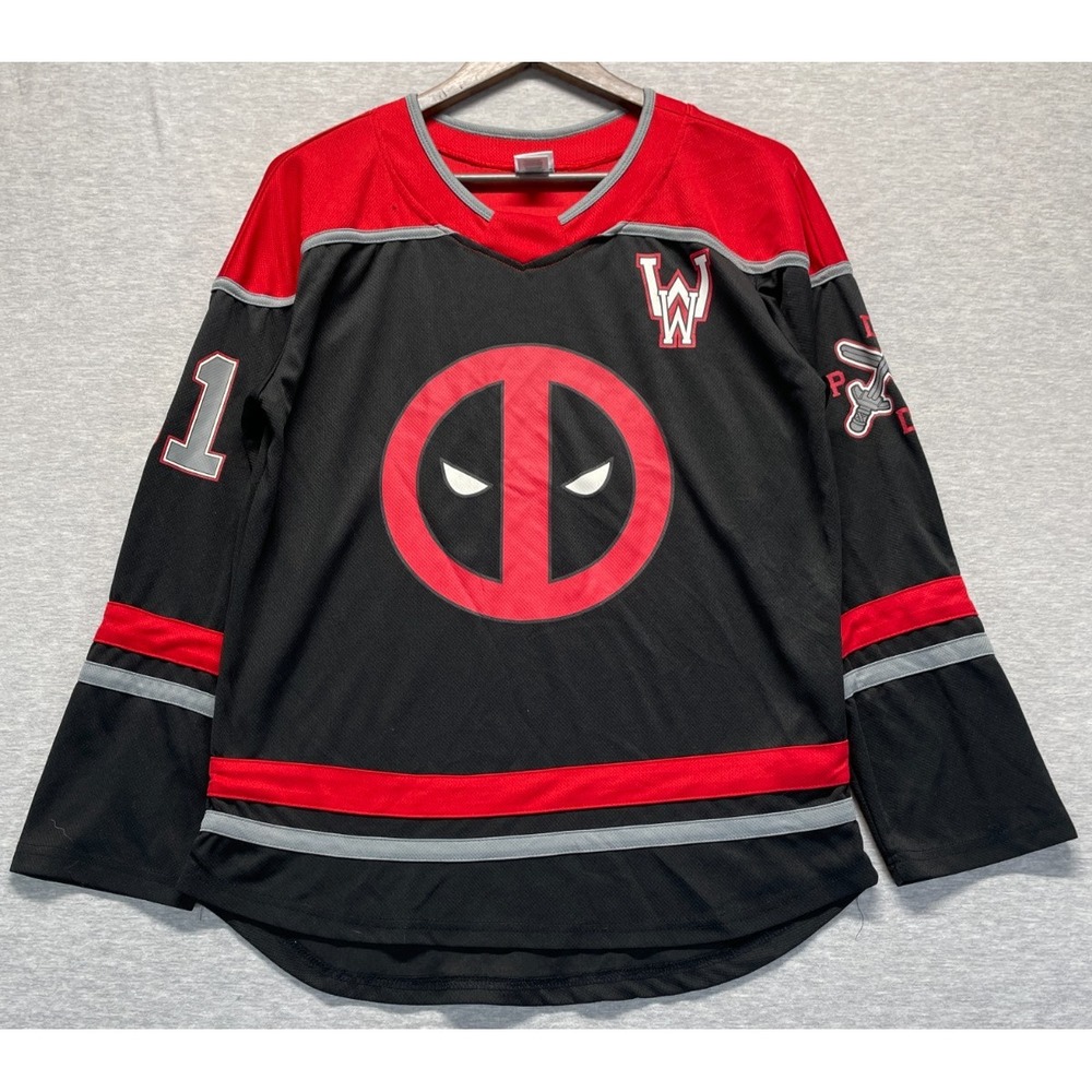 Freeze Deadpool Hockey Jersey Mens Small Black Graphic Print Logo V Neck #91